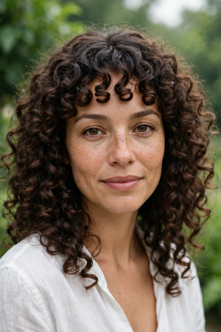 Woman with defined curly bangs and voluminous curls, standing outdoors on a humid summer morning with soft, diffused daylight and green foliage blurred behind her, wearing a light white top and looking gently at the camera, front-facing chest-up portrait.