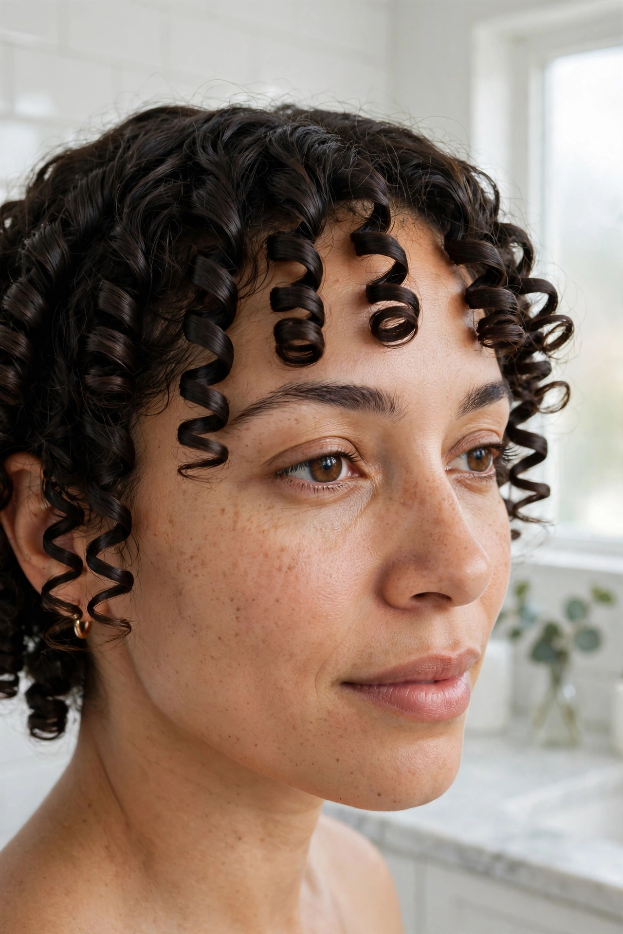 Close-up, three-quarter view of a woman with sealed, springy spiral curls across her forehead, photographed in a bright bathroom-like setting with soft daylight, focus on the smooth, defined curl clumps.