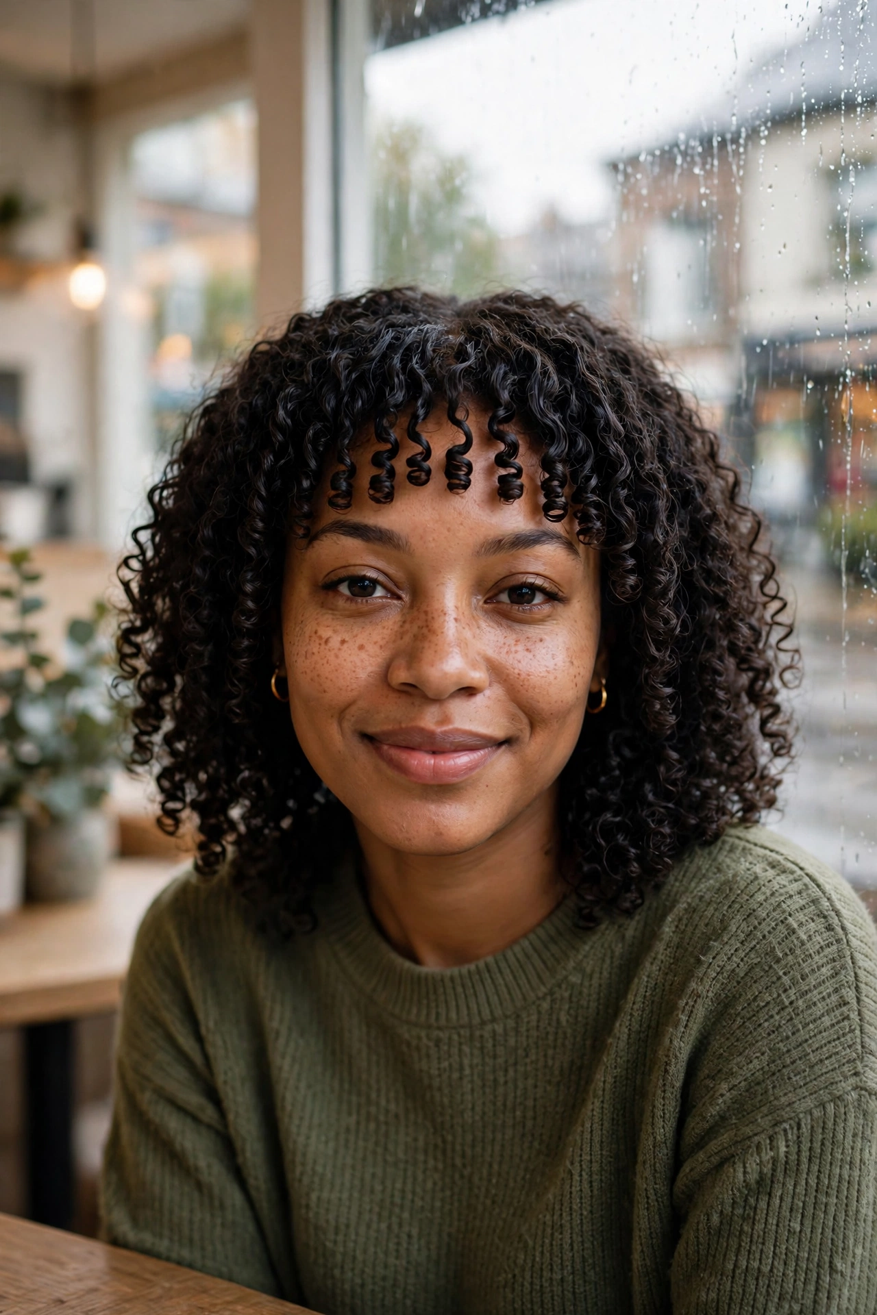 Woman with moisture-locked coils and a neat curly fringe, sitting in a bright café on a rainy day with a window and soft daylight behind her, shown from the shoulders up, facing the camera with a gentle smile.