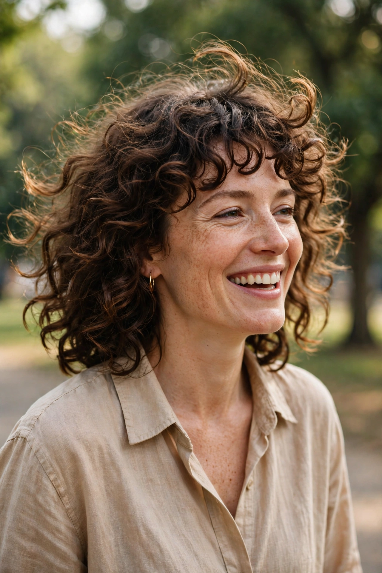 Woman with root-lifted, bouncy curly bangs, laughing softly while walking outdoors in warm, humid daylight in a park with blurred green trees, relaxed chest-up portrait showing the lift and movement of the curls.
