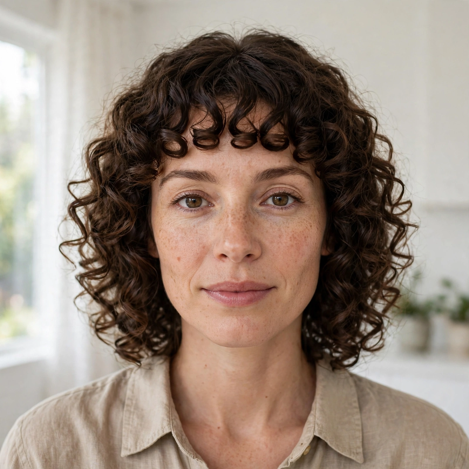 Woman with rain-ready soft hold curls and a defined curly fringe, photographed indoors in a bright, airy room with white walls and morning light, shown from the front, shoulders up.