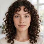 Woman with a middle-parted curly fringe and evenly balanced curls on both sides of her face, standing in a bright, airy room with white walls and soft daylight from a large window, wearing a simple cream top, front-facing chest-up portrait.