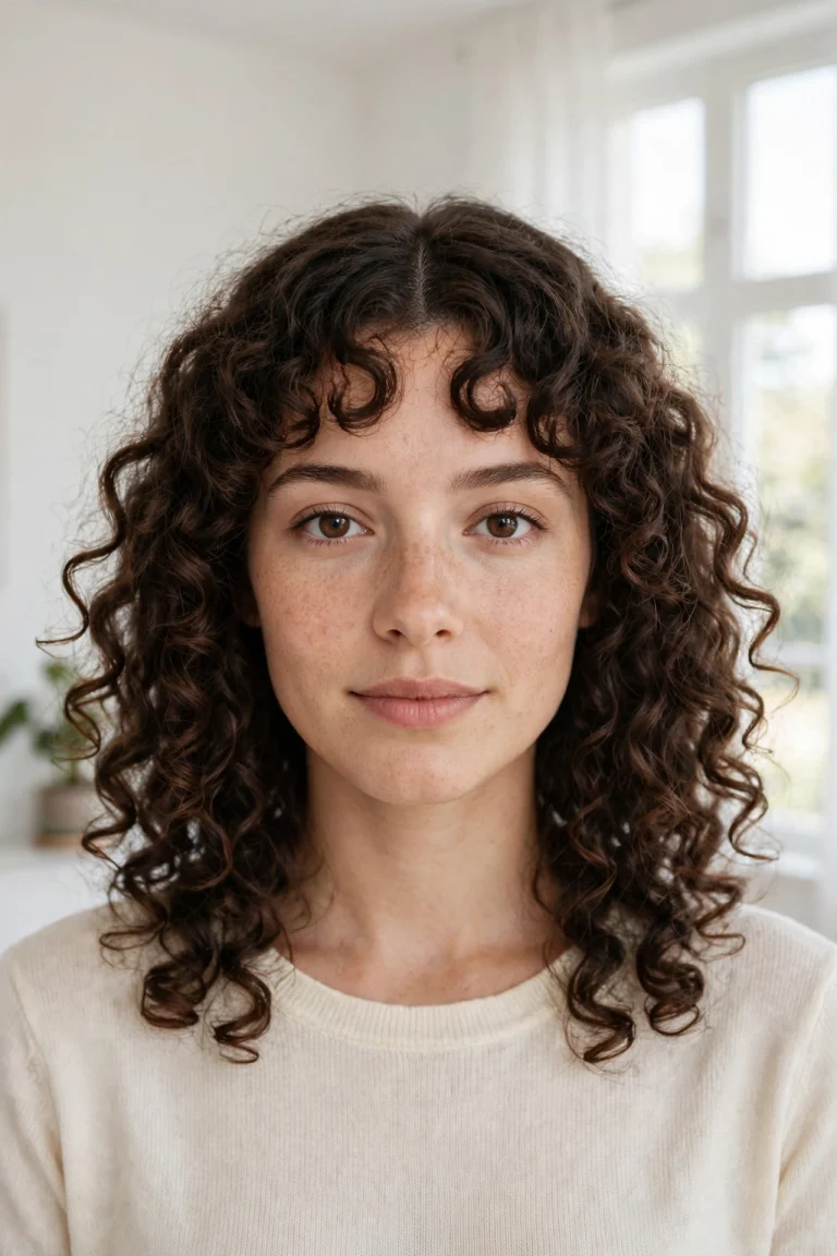 Woman with a middle-parted curly fringe and evenly balanced curls on both sides of her face, standing in a bright, airy room with white walls and soft daylight from a large window, wearing a simple cream top, front-facing chest-up portrait.