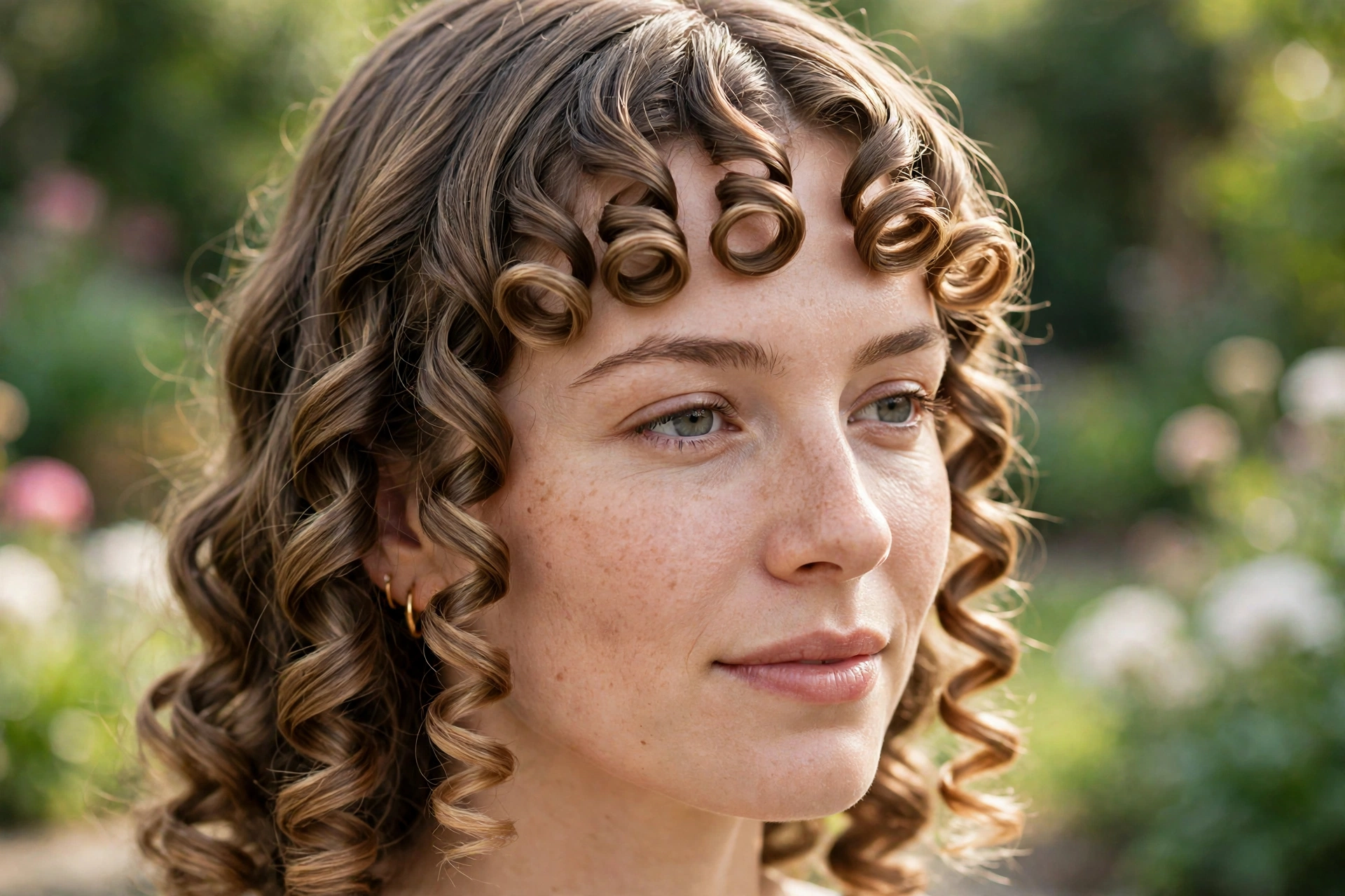 Close-up, three-quarter view of a woman with a middle-parted spiral fringe and matching curls on each side, photographed outdoors in gentle morning light with a blurred garden background, focus on the even spiral pattern.