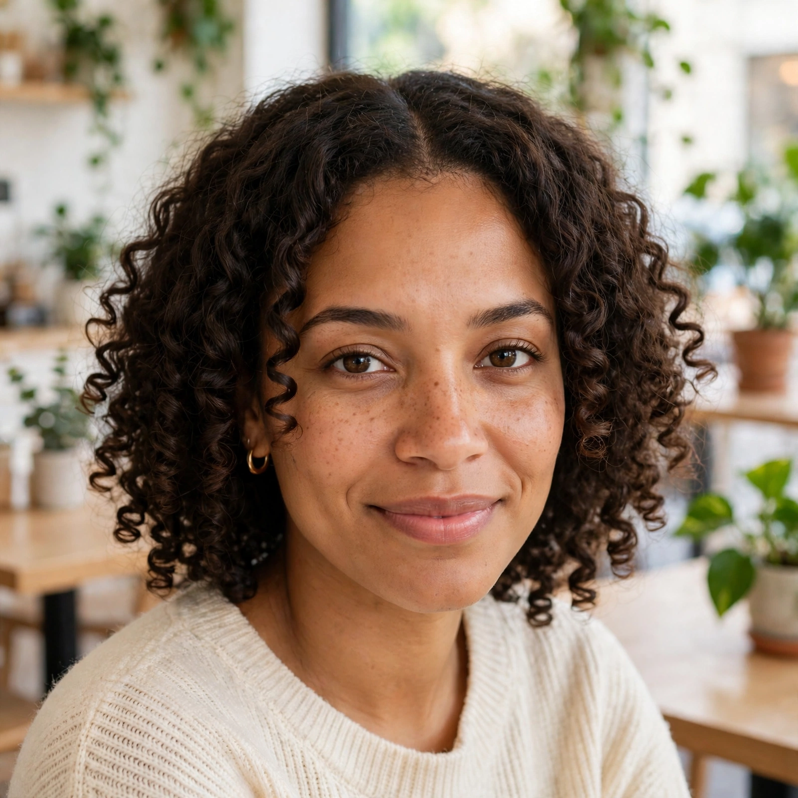 Woman with a middle-parted soft coil frame and cheekbone-length curls, sitting in a bright café with light wooden tables and plants, shown from the shoulders up, facing the camera with a gentle smile.