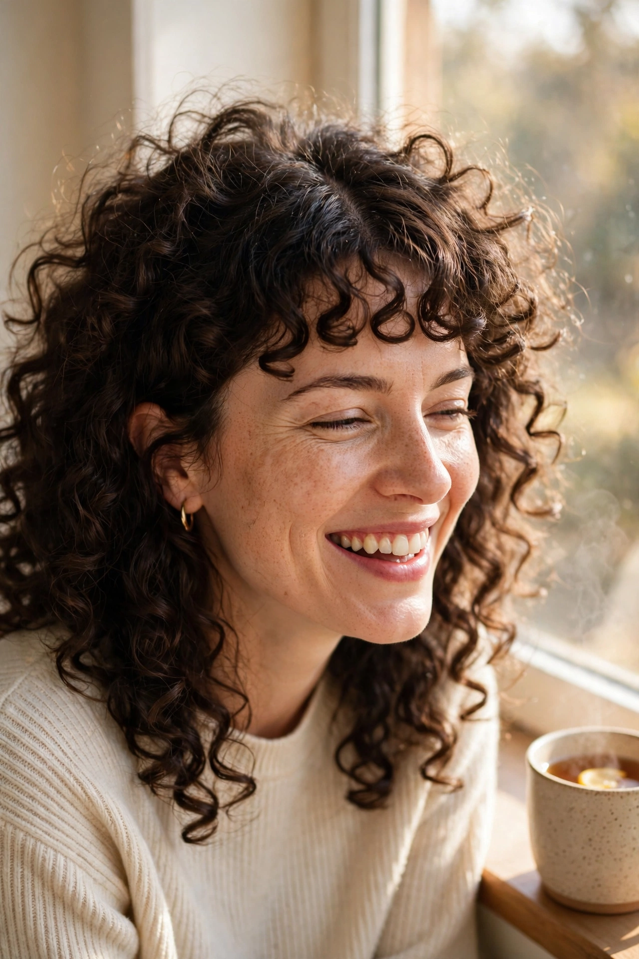 Woman with a middle-parted fringe and evenly lifted roots, laughing softly while sitting by a sunny window with a cup of tea nearby, relaxed chest-up portrait in warm, bright daylight.