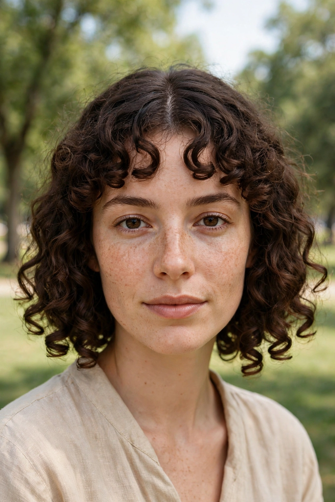 Woman with a middle-parted fringe and chin-length balance pieces, photographed outdoors on a bright day in a park with soft green trees blurred behind her, shown from the front, shoulders up.