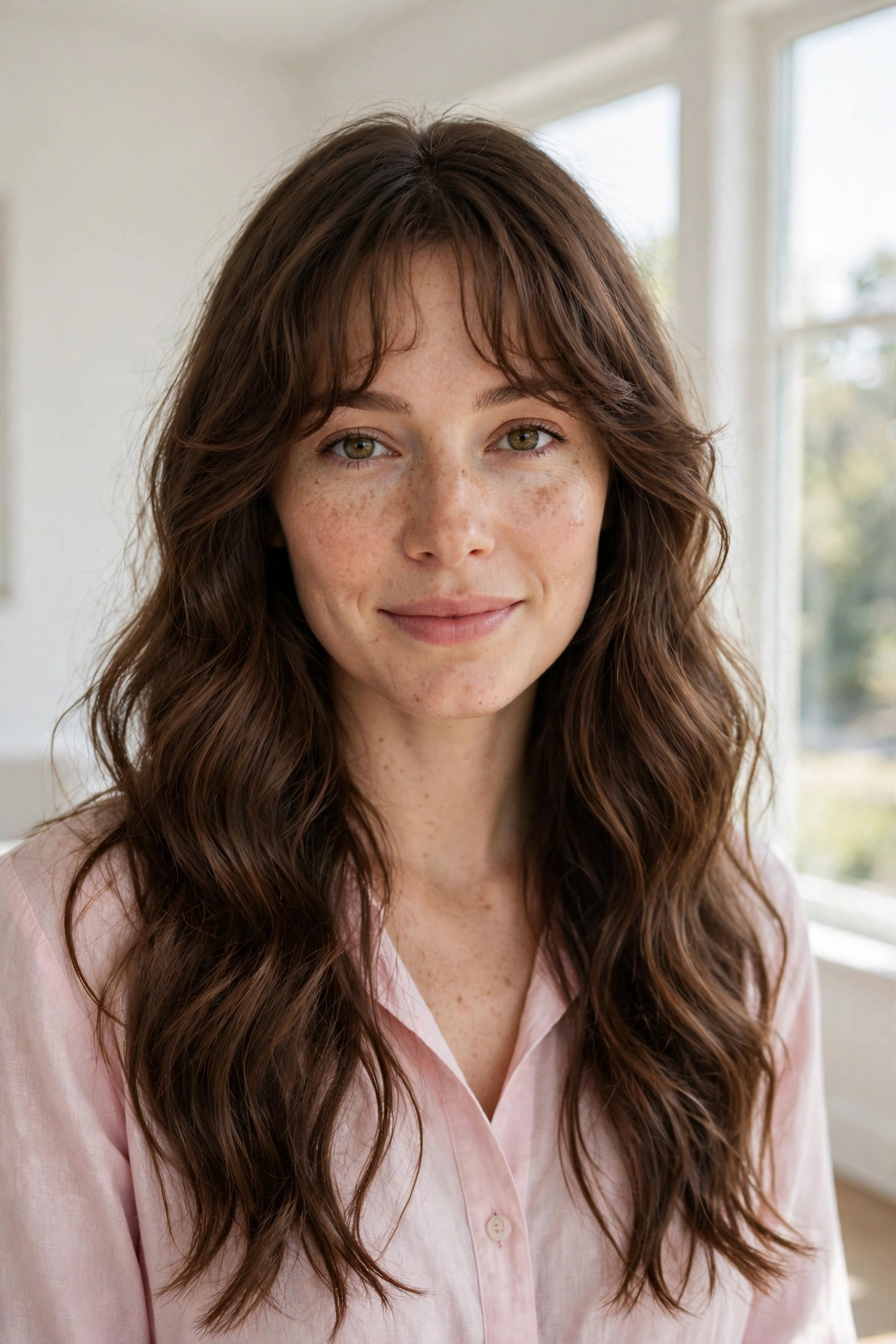 A woman with long, flowing wavy hair past her shoulders and soft wavy bangs, standing in a bright room with white walls and soft daylight from a large window, wearing a light pink blouse, front-facing chest-up portrait, clean bright style.