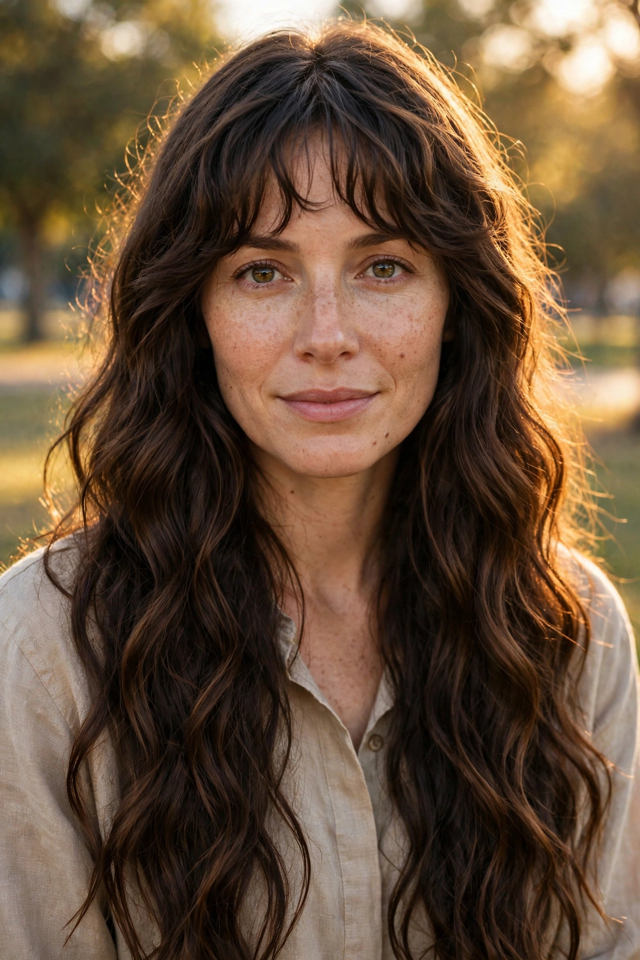 A woman with waist-length wavy hair and wavy bangs, photographed outdoors in soft golden daylight with a blurred park background, shoulders up, facing the camera, clean bright style.