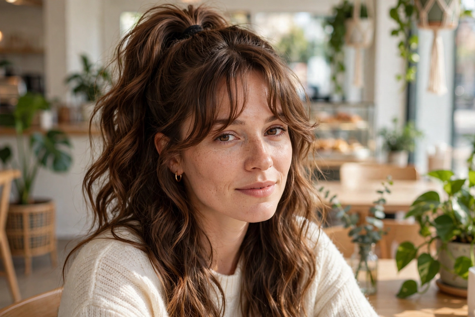 A woman with long wavy hair in a high ponytail and soft wavy bangs, sitting in a bright cafe with light wooden tables and plants, relaxed chest-up portrait in natural daylight, clean bright style.