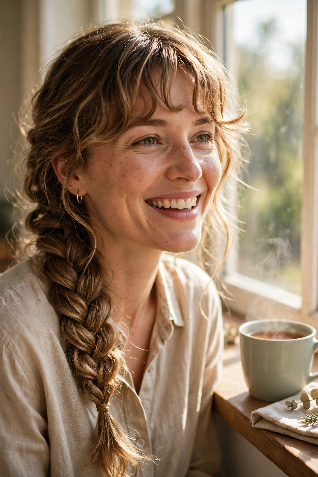 A woman with long wavy hair in a fishtail braid and wavy bangs, laughing gently by a sunny window with a cup of tea nearby, chest-up portrait in warm bright daylight, clean bright style.