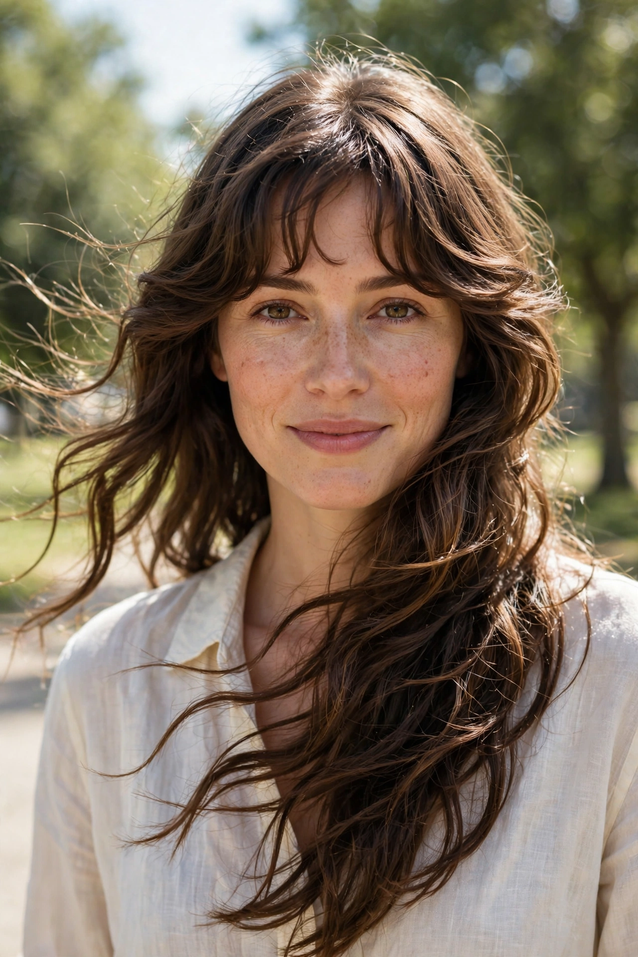 A woman with long wavy hair swept over one shoulder and wavy bangs, walking outdoors on a bright day with green trees softly blurred behind her, front view shoulders up, clean bright style.