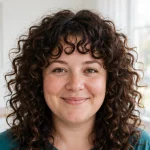 A woman with a round face, voluminous curly hair, and soft curly bangs with an open forehead, smiling gently at the camera in a bright room with white walls and soft daylight from a large window, wearing a simple teal top, front-facing chest-up portrait, clean bright style.