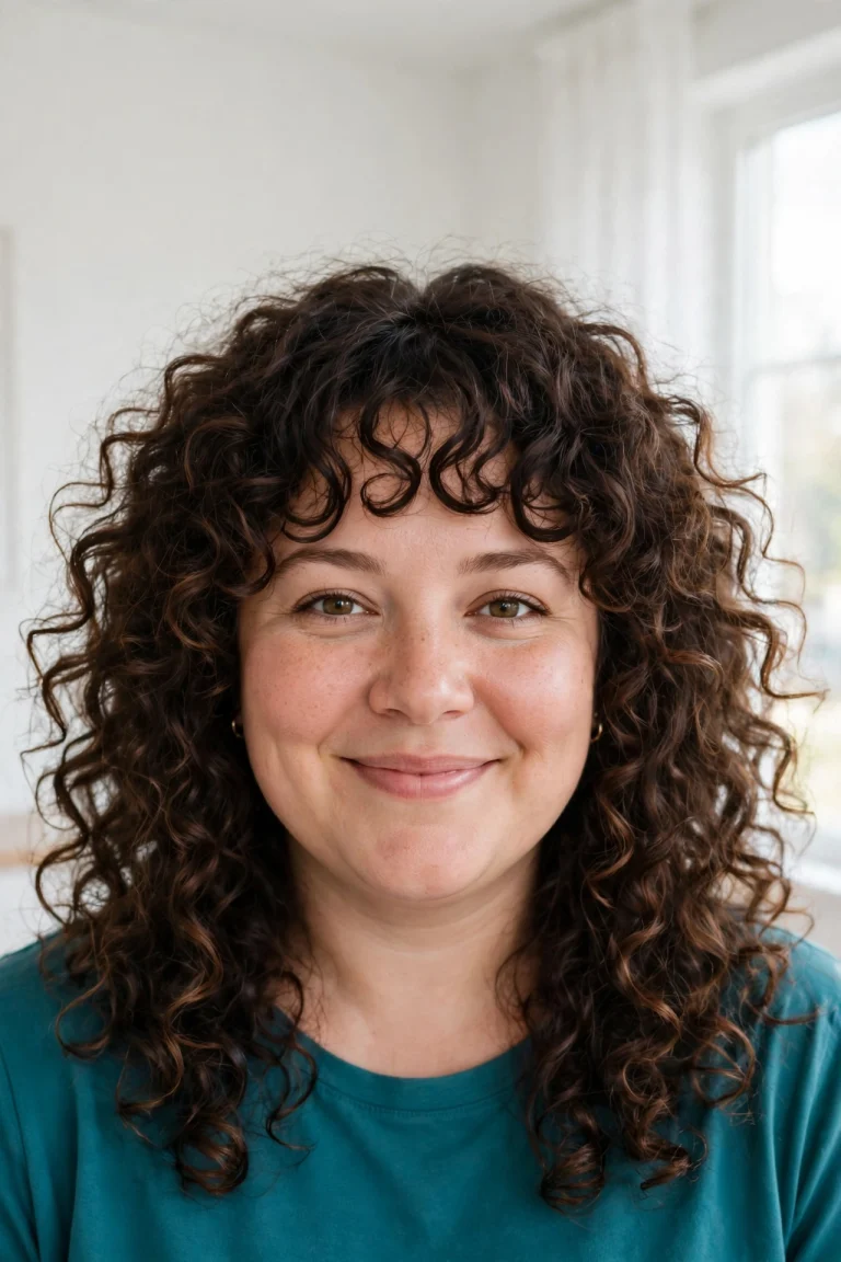 A woman with a round face, voluminous curly hair, and soft curly bangs with an open forehead, smiling gently at the camera in a bright room with white walls and soft daylight from a large window, wearing a simple teal top, front-facing chest-up portrait, clean bright style.