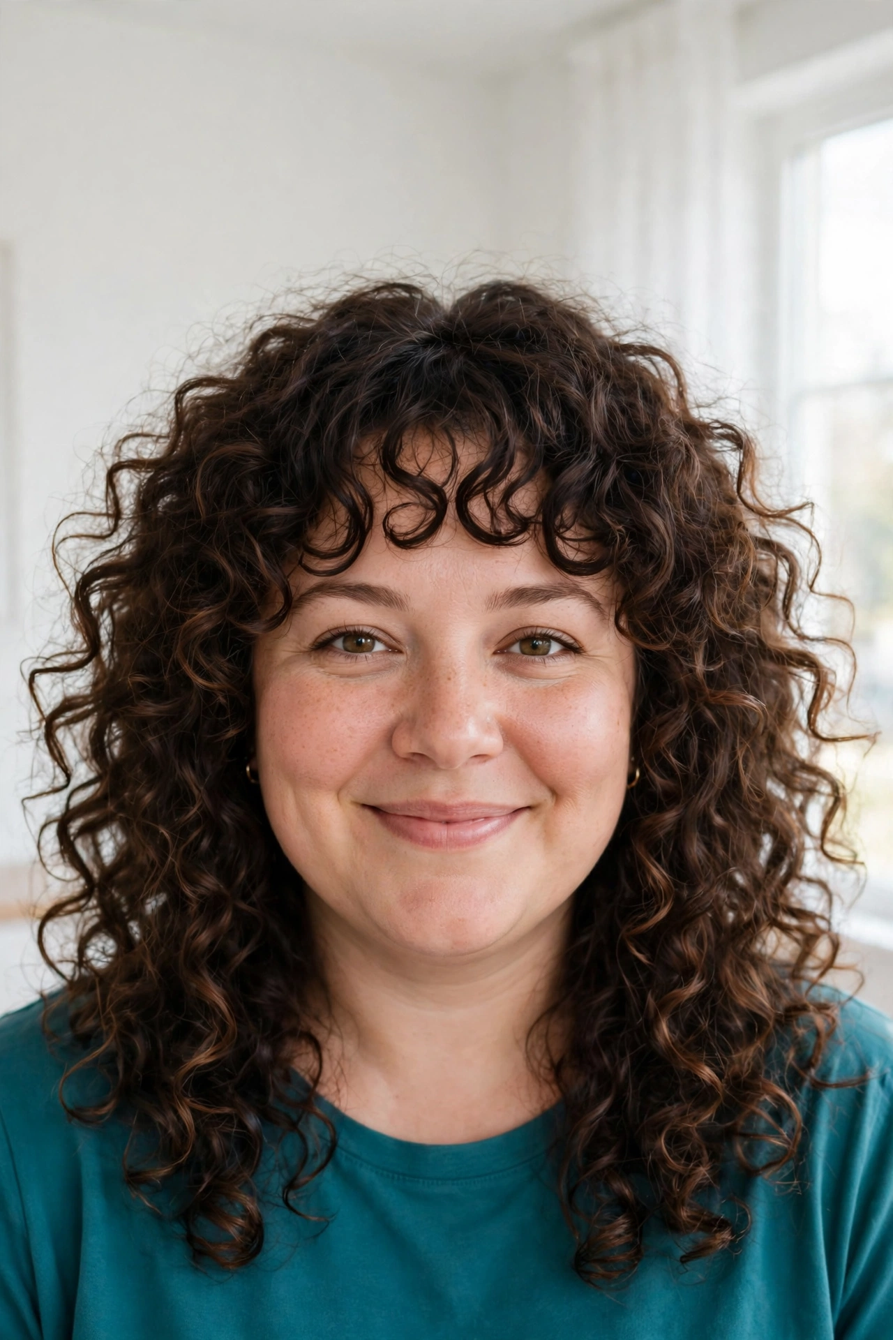 A woman with a round face, voluminous curly hair, and soft curly bangs with an open forehead, smiling gently at the camera in a bright room with white walls and soft daylight from a large window, wearing a simple teal top, front-facing chest-up portrait, clean bright style.
