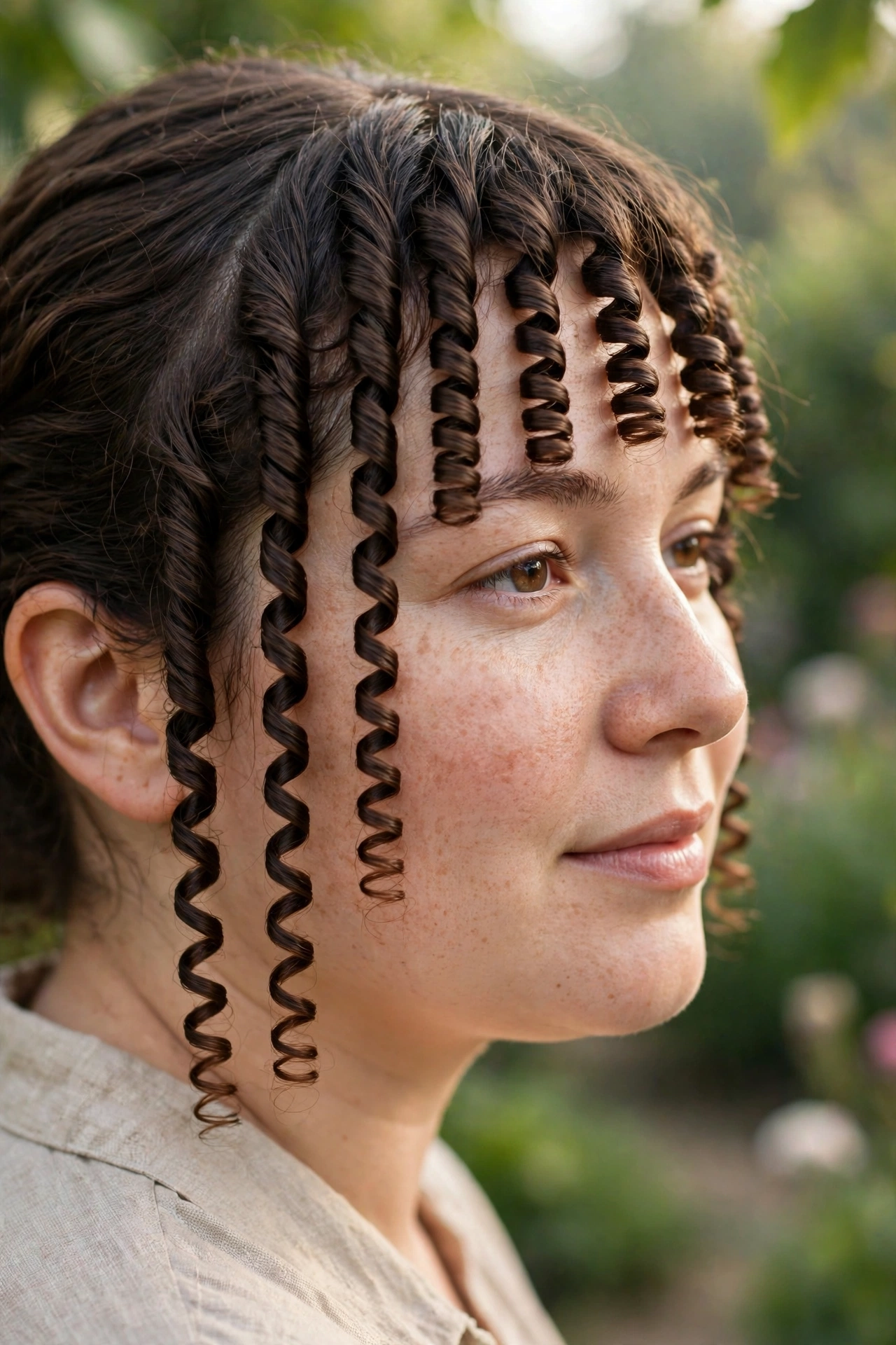 A close-up, three-quarter view of a woman with a round face and vertical columns of curls forming her fringe, photographed outdoors in gentle morning light against a soft, blurred garden background, clean bright style.