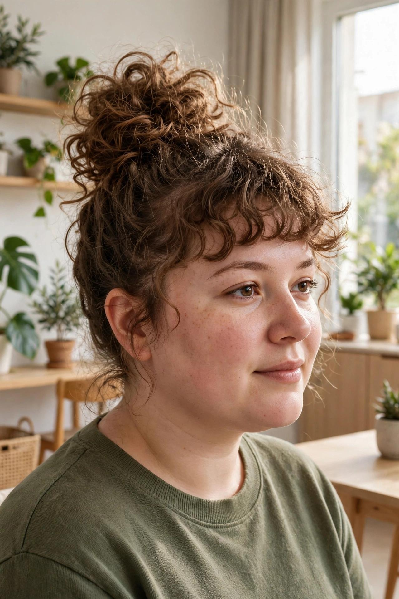 A woman with a round face, curly bangs, and a high bun, standing in a bright, modern living room with light wooden furniture and plants, shoulders up, facing slightly to the side, natural daylight, clean bright style.