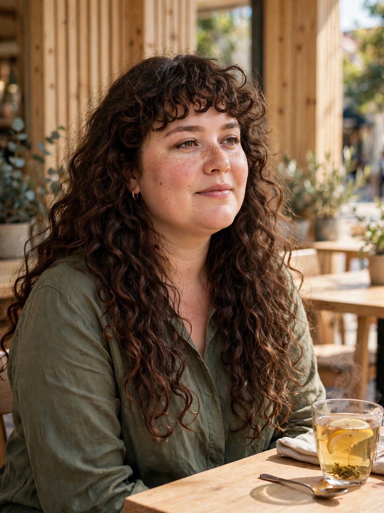 A woman with a round face, curly bangs, and long flowing curly lengths, sitting in a sunny cafe with light wooden tables and a cup of tea nearby, relaxed chest-up portrait in warm bright daylight, clean bright style.