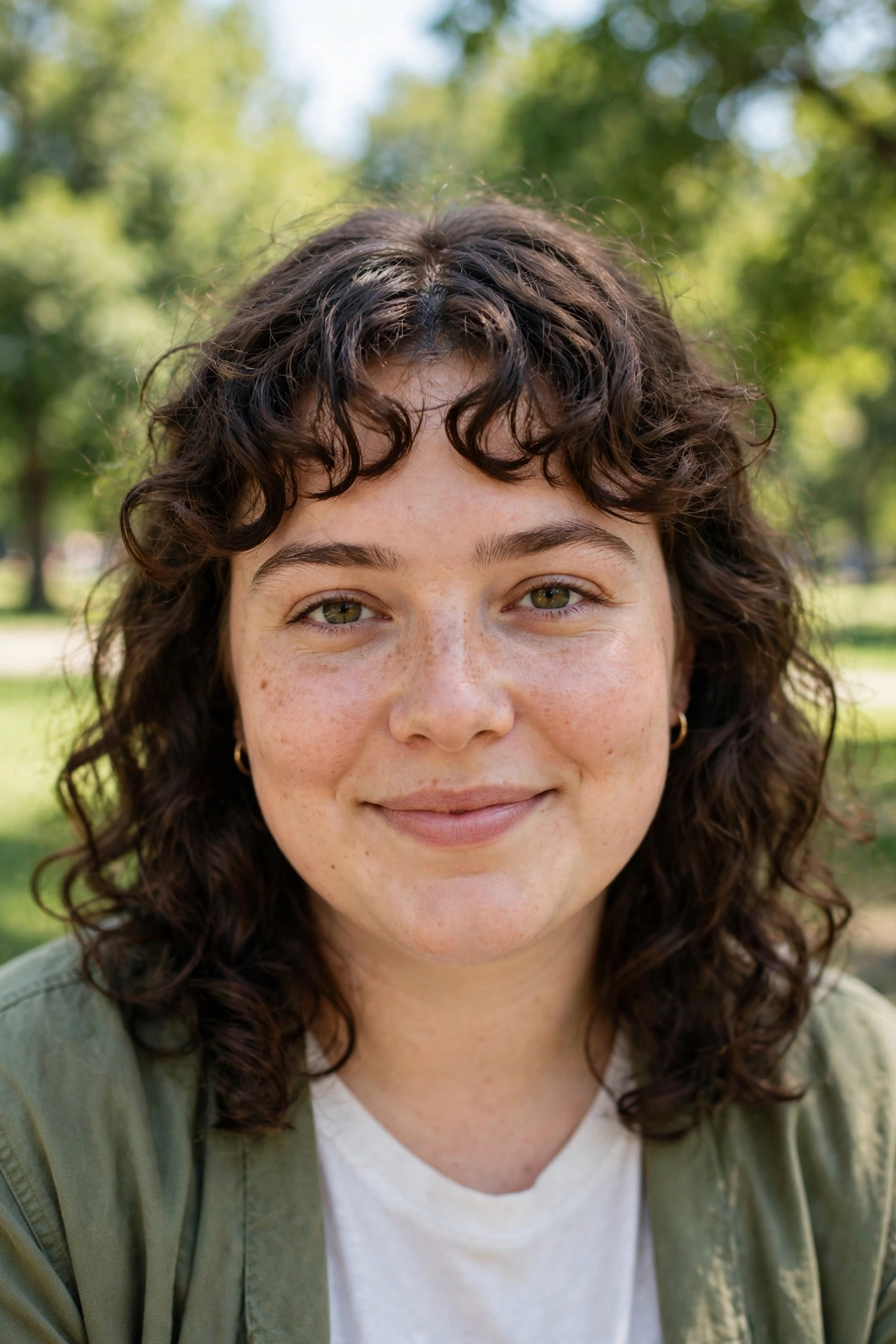 A woman with a round face and curly bangs with a peekaboo forehead gap, photographed outdoors on a bright day in a park with soft green trees blurred behind her, front view shoulders up, clean bright style.