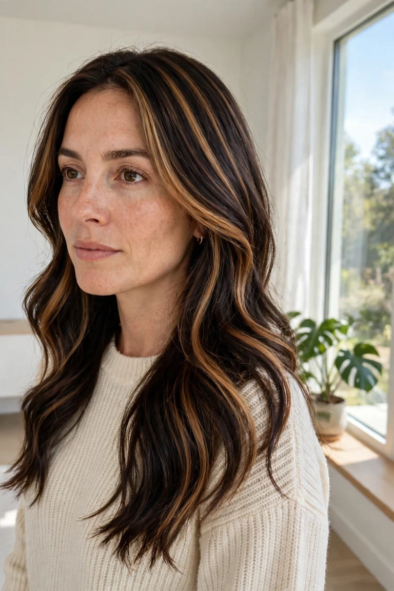 Woman with long dark brown hair featuring bold wide caramel chunky highlights, standing in a bright room near a large window, natural daylight, photographed from a three-quarter front angle.