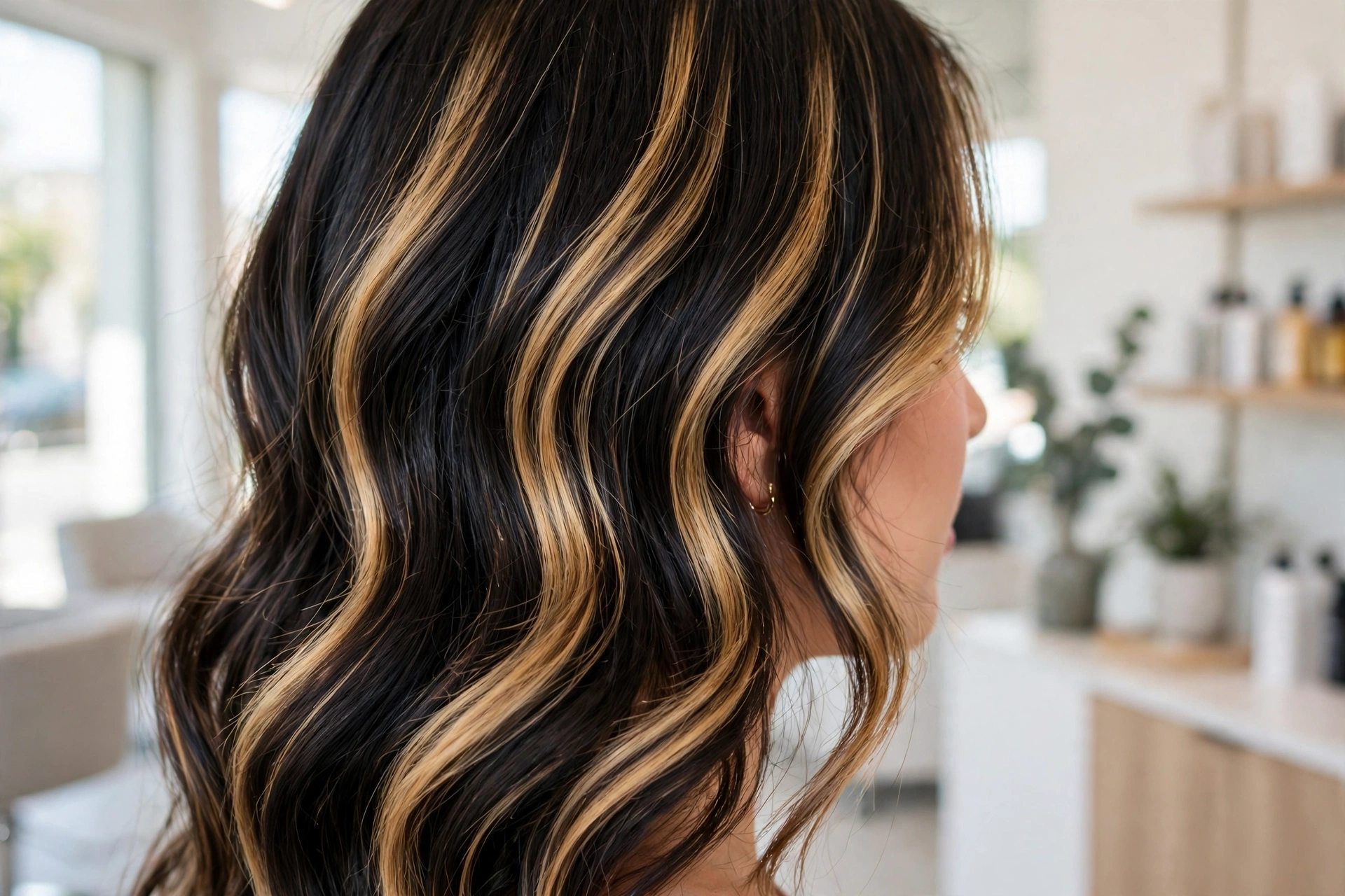 Close-up side view of a woman's hair showing wide honey chunky highlight sections against a dark base, in a bright modern salon setting, soft natural light.