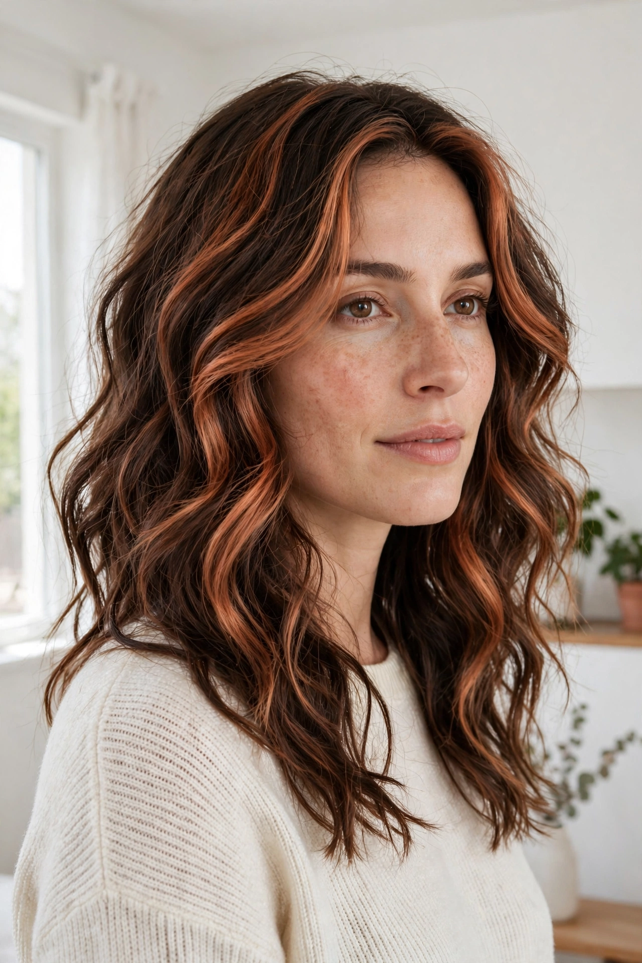 Woman with wavy hair featuring chunky copper highlight panels, photographed from a front three-quarter angle in a bright room with white walls.