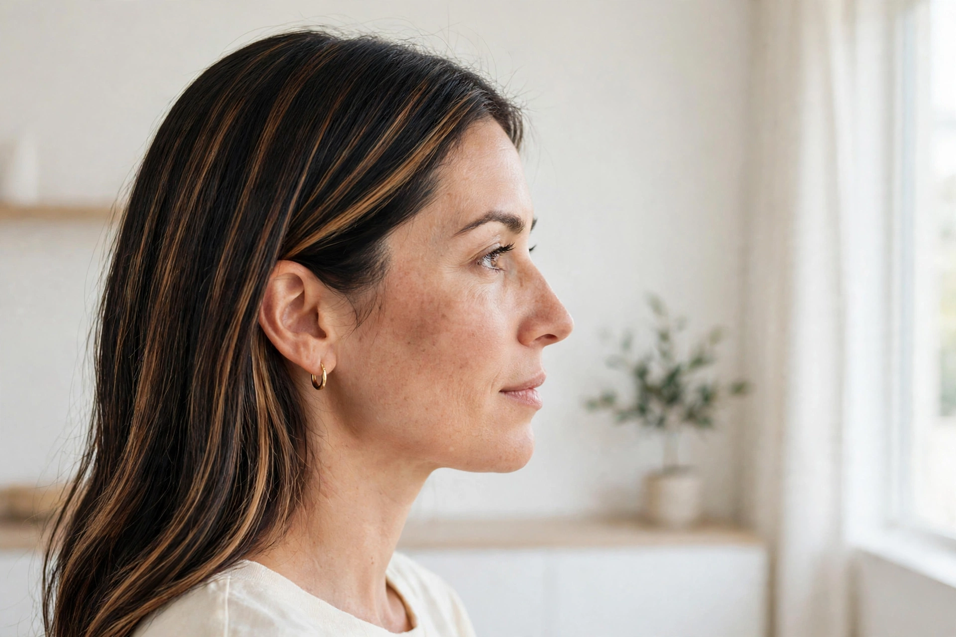 Woman with a sleek styled finish showing chunky toffee highlight blocks through dark hair, in a bright minimal interior, photographed from the side.