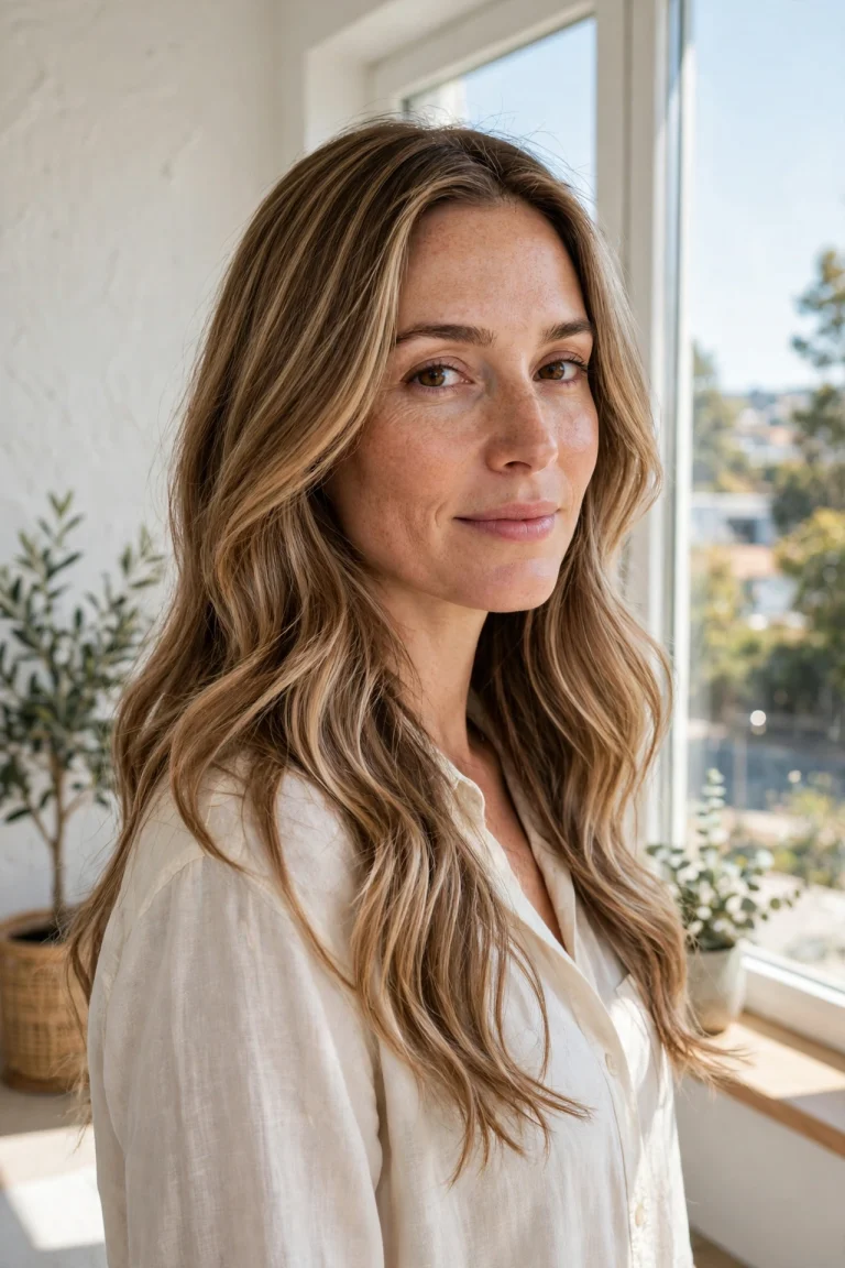 Woman with long, softly waved light brown hair featuring multi-tonal dimensional highlights in gold, caramel, and cream, standing in a bright room near a large window, natural daylight, photographed from a three-quarter front angle.