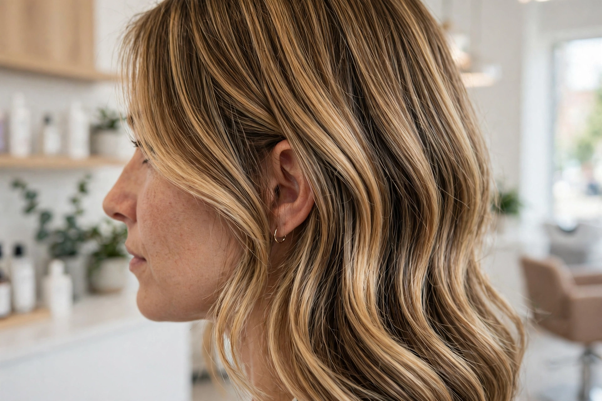 Close-up side view of a woman's hair showing three-tone gold dimensional highlights, in a bright modern salon setting, soft natural light.