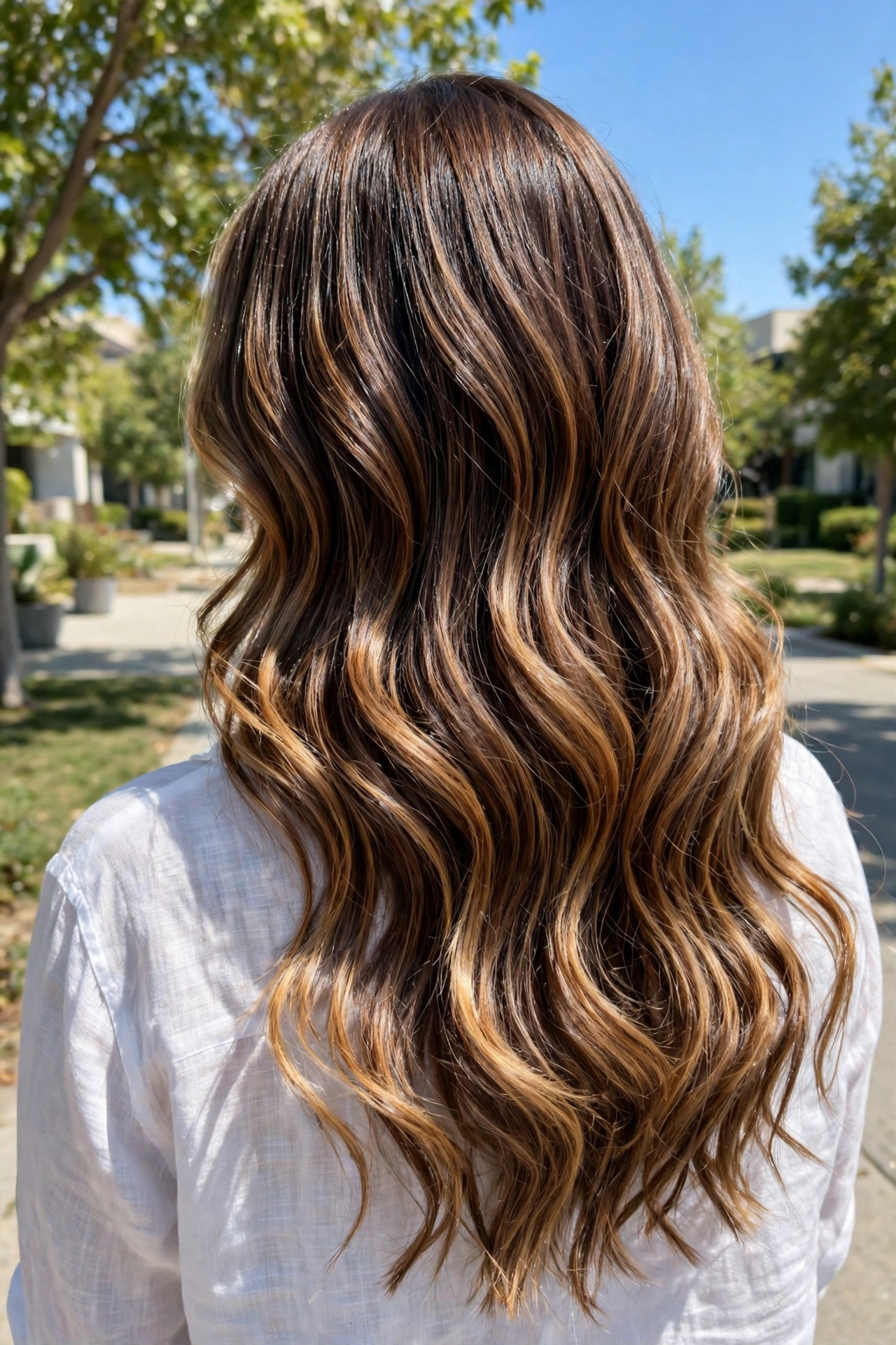 Woman with long wavy hair and chocolate, caramel, and honey dimensional highlights, seen from behind, standing outdoors in bright daylight.