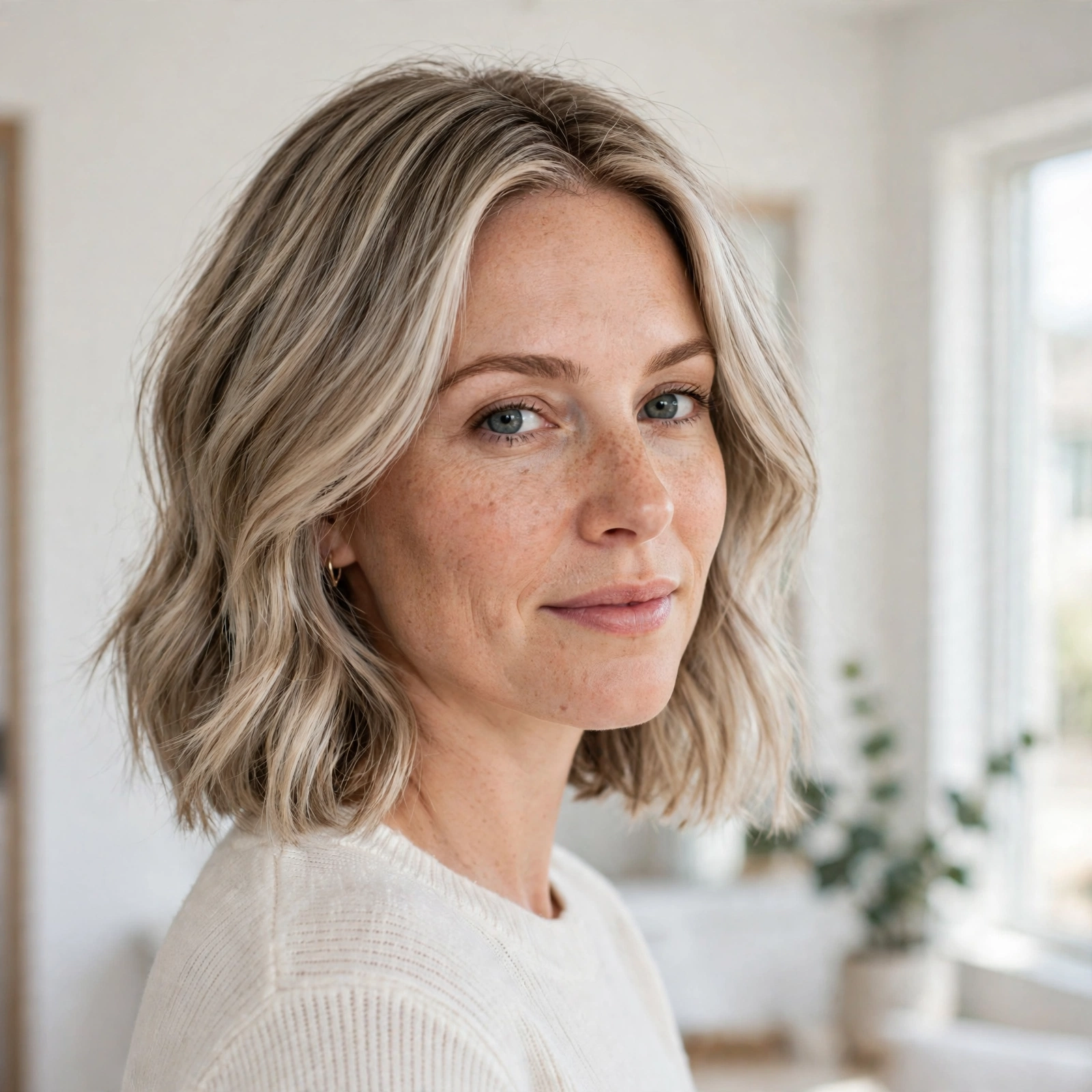 Woman with shoulder-length hair featuring ash, beige, and platinum dimensional highlights, photographed from a front three-quarter angle in a bright room with white walls.
