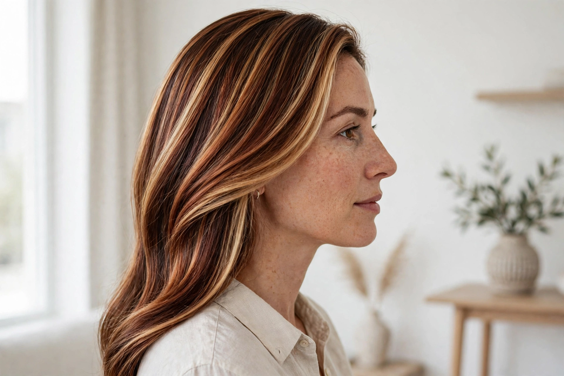 Woman with a smooth styled finish showing copper, gold, and chestnut dimensional highlights, in a bright minimal interior, photographed from the side.