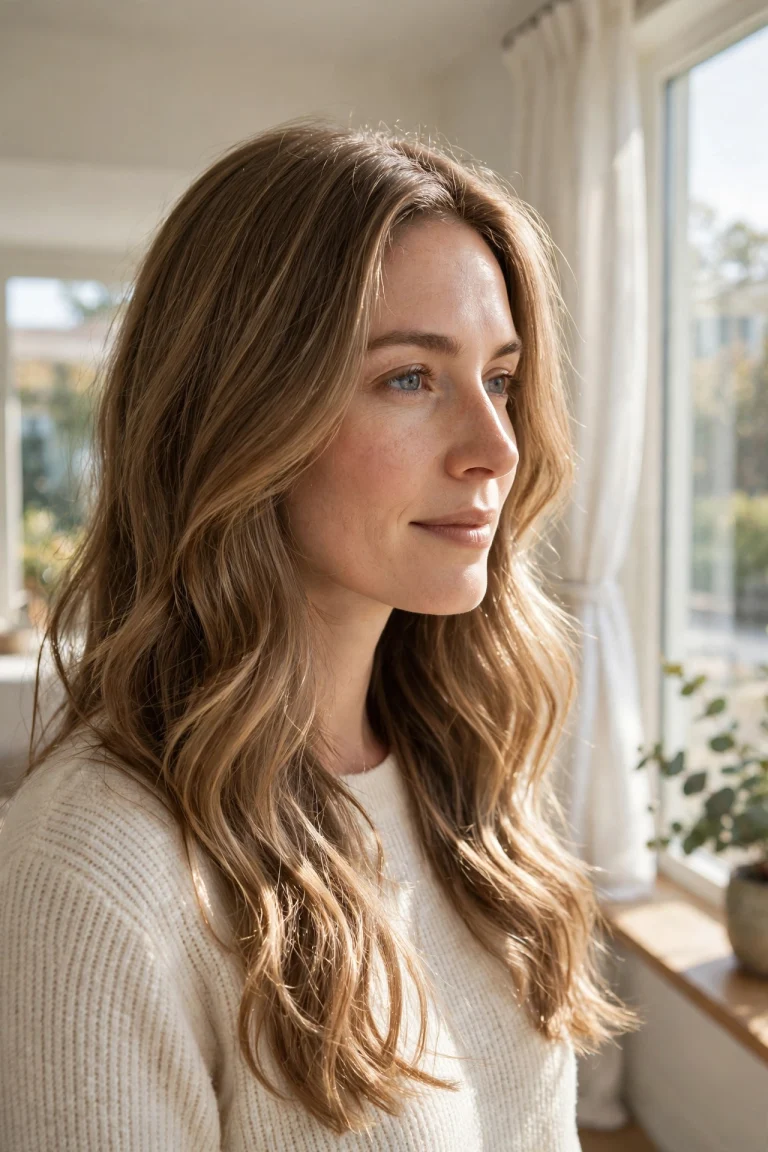 Woman with long, softly waved light brown hair featuring very fine golden highlights that sparkle delicately, standing in a bright room near a large window, natural daylight, photographed from a three-quarter front angle.