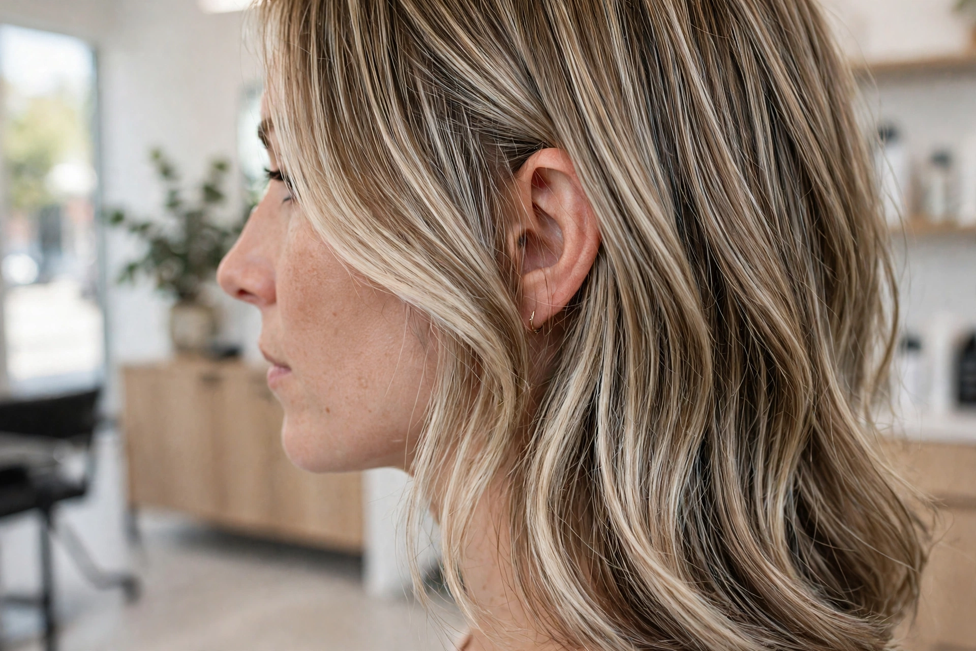 Close-up side view of a woman's hair showing micro-weave fine platinum highlights, in a bright modern salon setting, soft natural light.
