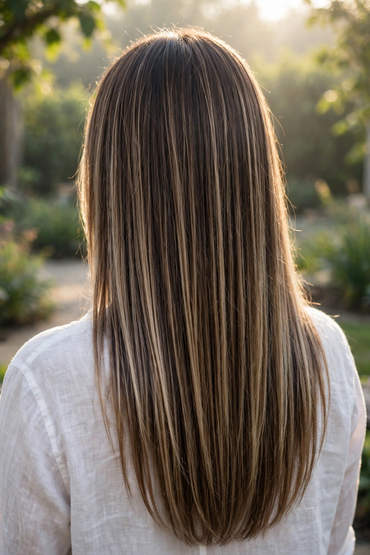 Woman with long straight hair and fine champagne highlights, seen from behind, standing outdoors in gentle morning sunlight.