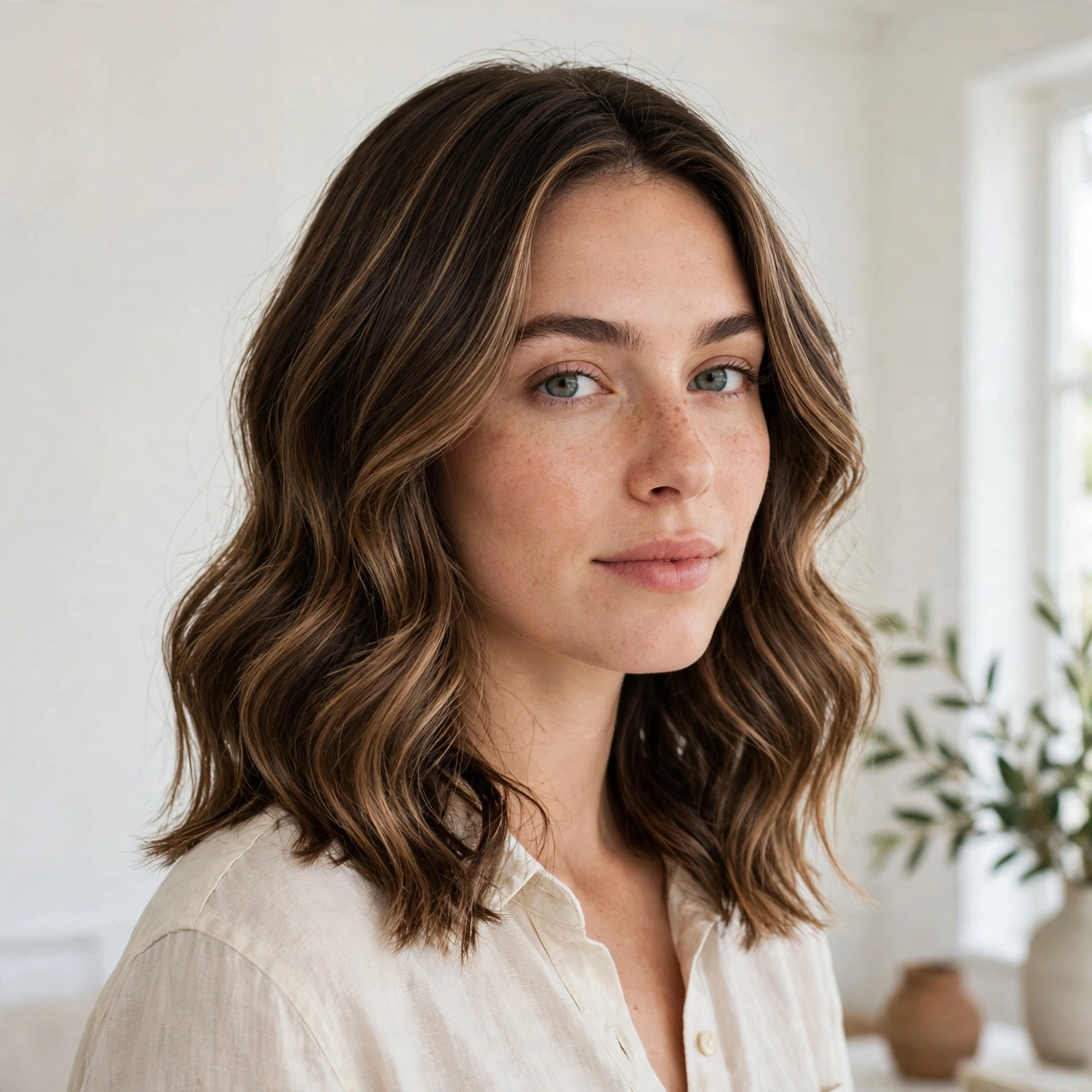 Woman with softly waved hair featuring fine caramel highlights, photographed from a front three-quarter angle in a bright room with white walls.