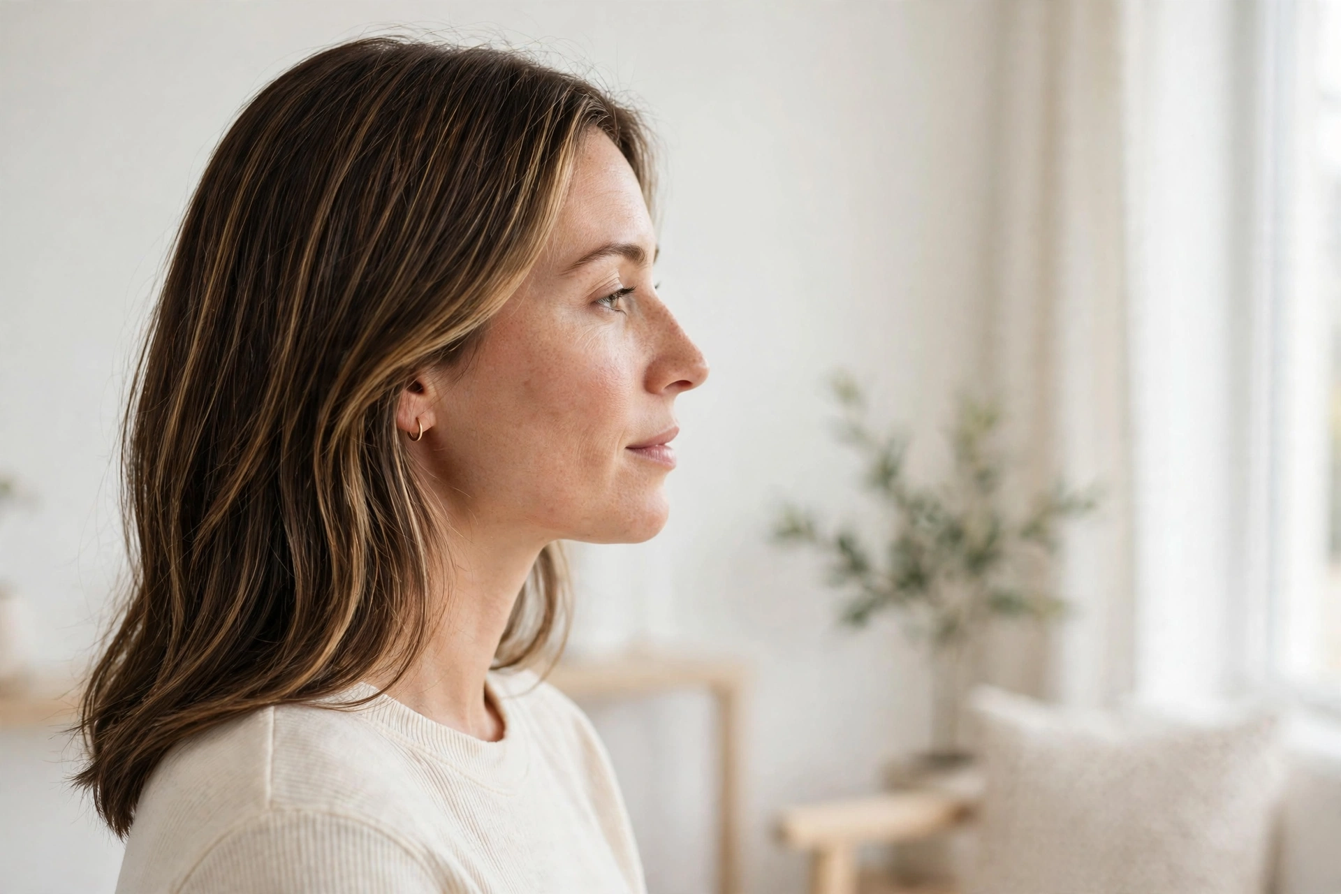 Woman with a smooth everyday hairstyle showing fine honey highlights twinkling through the lengths, in a bright minimal interior, photographed from the side.