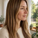 Woman with long, smooth light brown hair featuring even golden full highlights throughout, standing in a bright room near a large window, natural daylight, photographed from a three-quarter front angle.