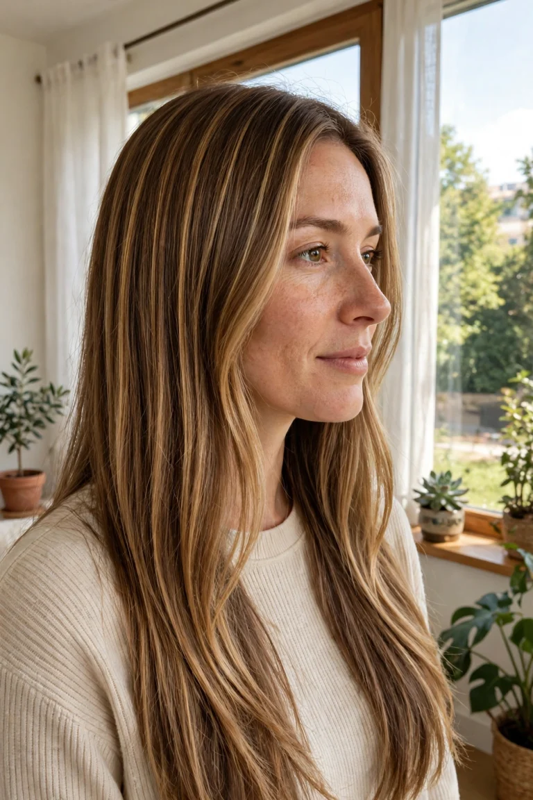 Woman with long, smooth light brown hair featuring even golden full highlights throughout, standing in a bright room near a large window, natural daylight, photographed from a three-quarter front angle.