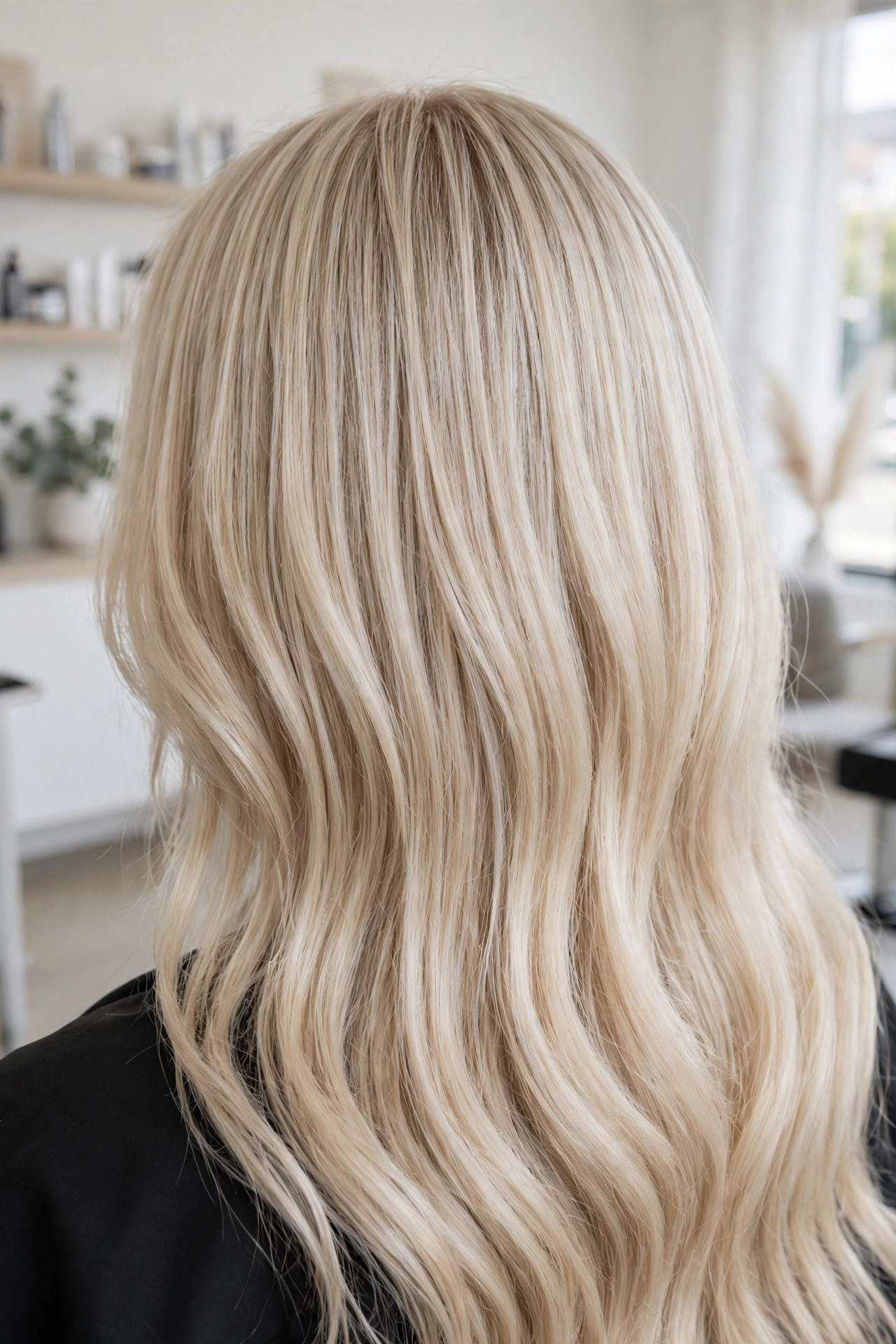 Close-up back view of a woman's long hair showing consistent platinum full highlights from crown to ends, in a bright modern salon setting, soft natural light.