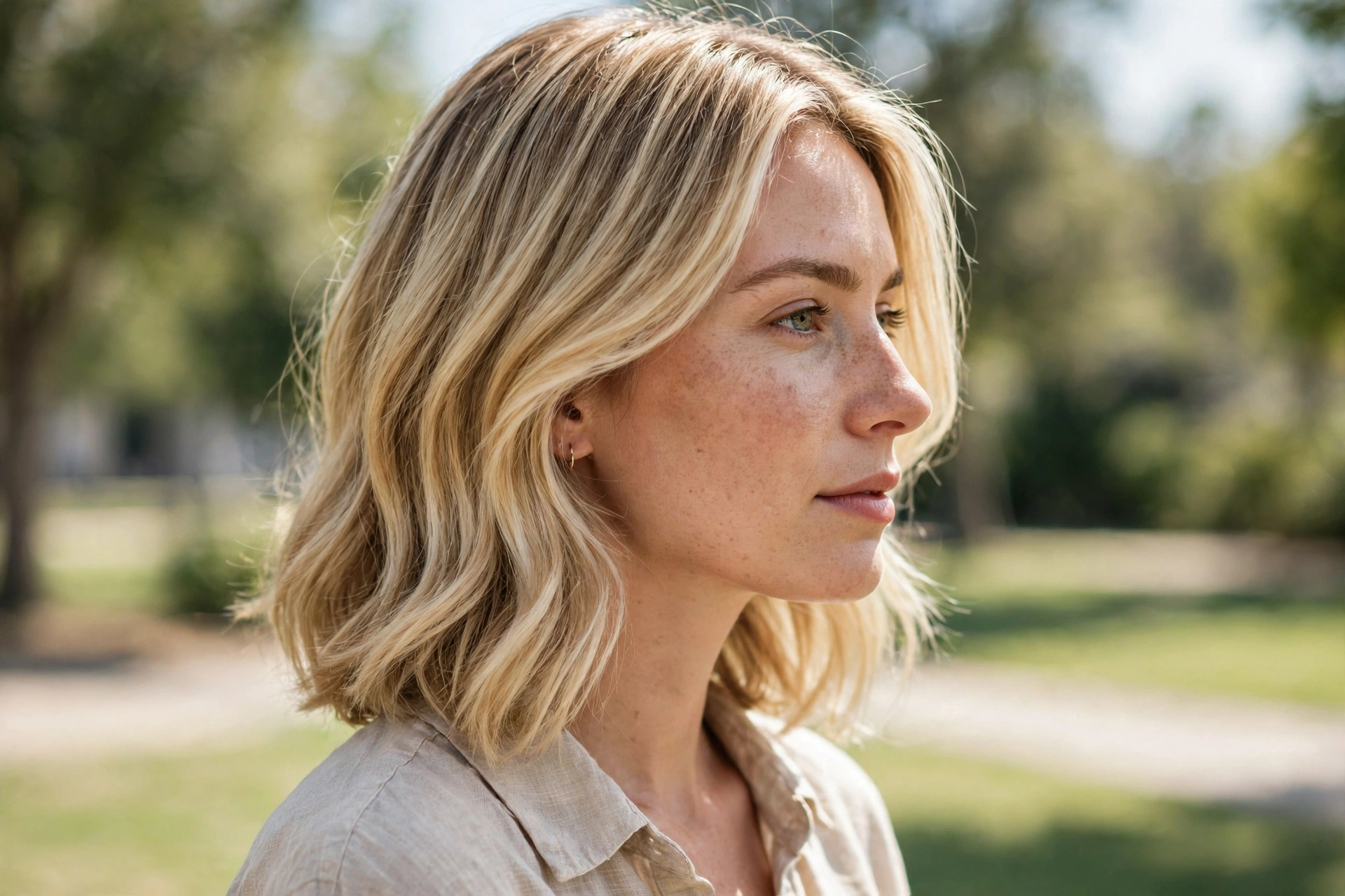 Woman with shoulder-length hair and buttery blonde full highlights, photographed from a side angle outdoors in bright daylight.