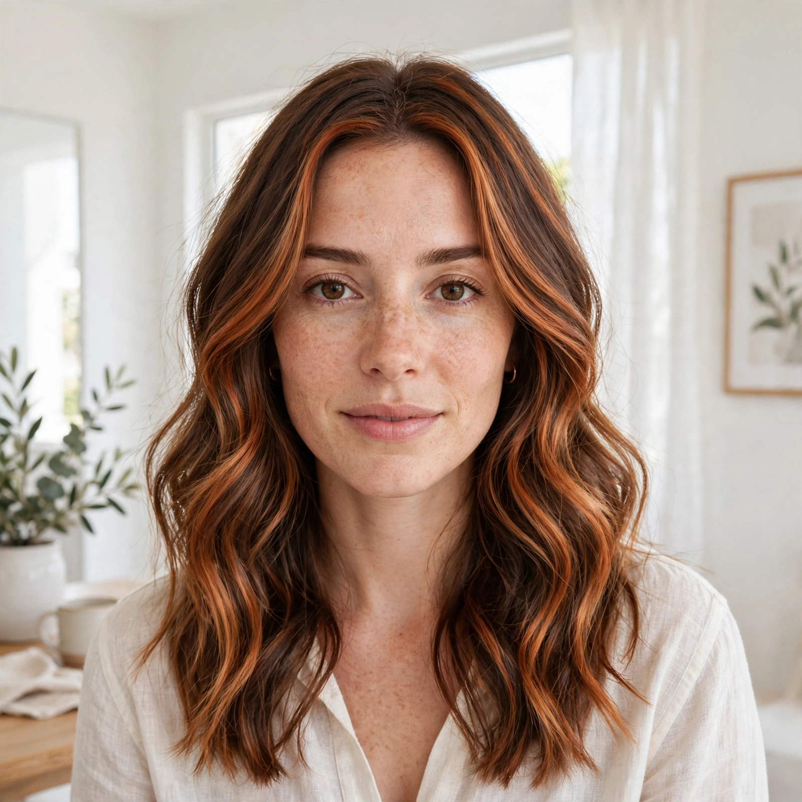 Woman with wavy hair featuring copper full highlights throughout, seen from a front angle in a bright airy room with white walls.