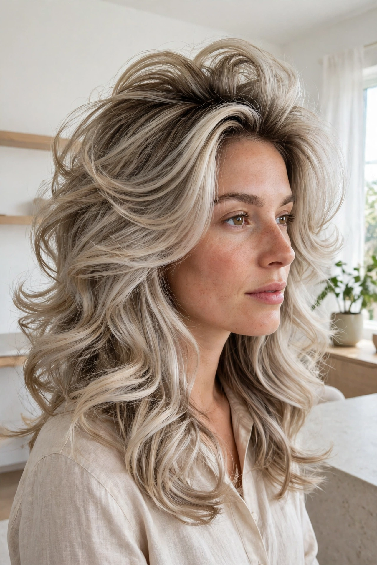 Woman with a voluminous blow-dry showing ash pearl full highlights, photographed from a three-quarter angle in a bright minimal interior.
