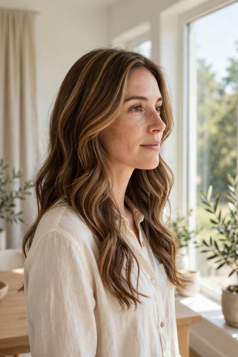A woman with long, softly waved medium brown hair featuring warm honey partial highlights through the upper sections, standing in a bright room near a large window, natural daylight, three-quarter front angle, clean bright style.