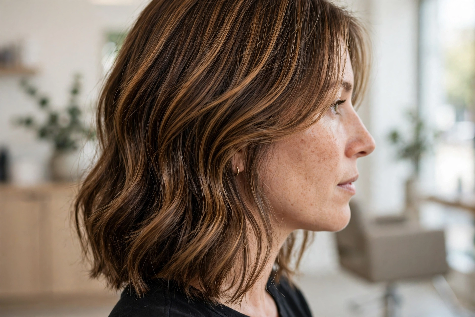 Close-up side view of a woman's shoulder-length hair showing caramel partial highlights woven through the top layers, in a bright modern salon setting, soft natural light, clean bright style.