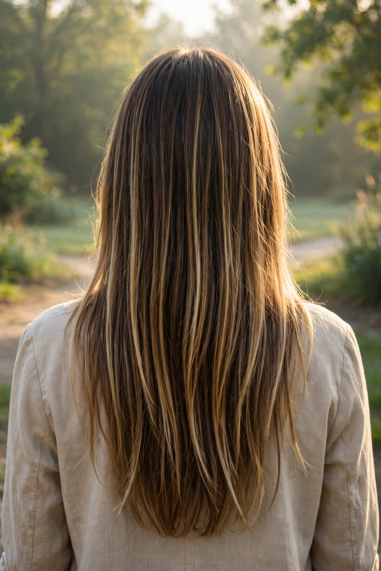 A woman with long straight hair and golden wheat partial highlights, seen from behind, standing outdoors in gentle morning sunlight, hair falling naturally down her back, clean bright style.