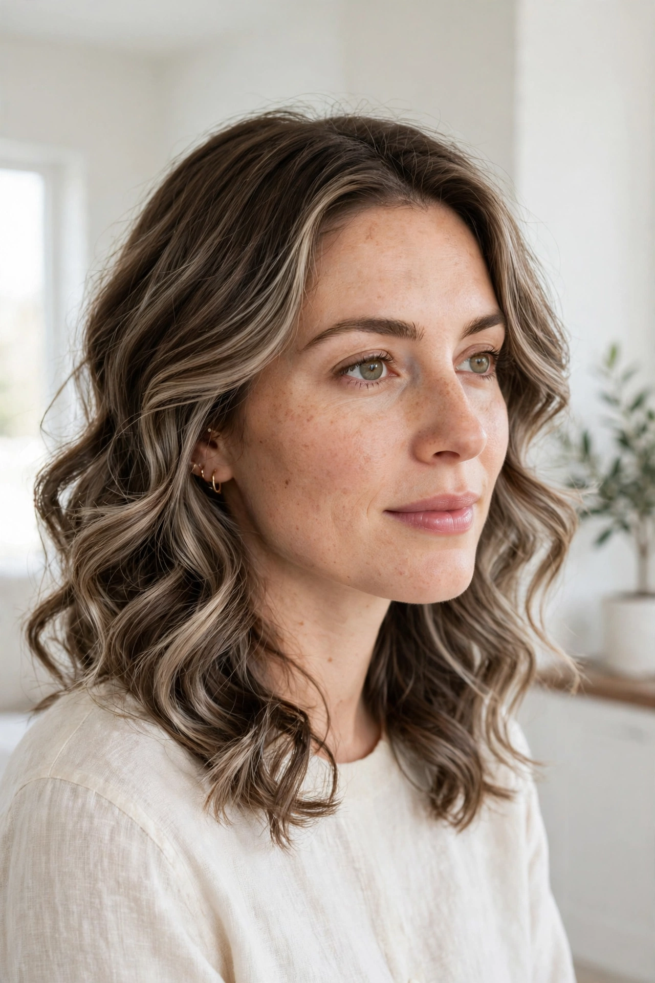 A woman with softly curled hair featuring ash-beige partial highlights, photographed from a front three-quarter angle in a bright room with white walls, soft daylight, clean bright style.