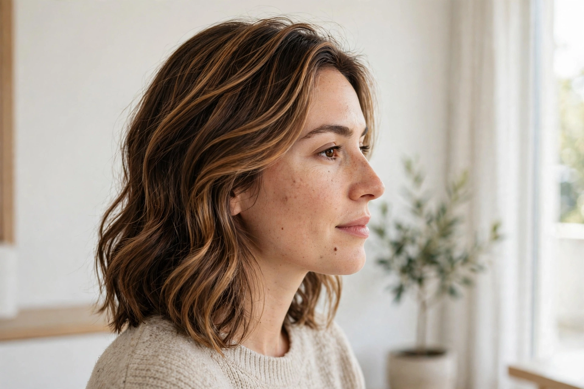 A woman with a relaxed everyday hairstyle showing toffee partial highlights through the visible upper sections, in a bright minimal interior, photographed from the side, clean bright style.