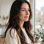 A woman with long dark brown hair featuring warm caramel lift highlights, standing in a bright room near a large window, natural daylight, three-quarter front angle, clean bright style.