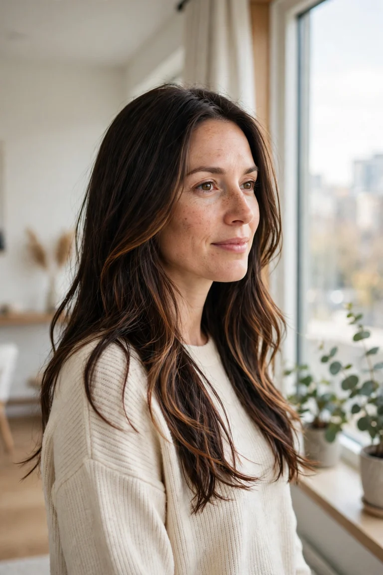 A woman with long dark brown hair featuring warm caramel lift highlights, standing in a bright room near a large window, natural daylight, three-quarter front angle, clean bright style.